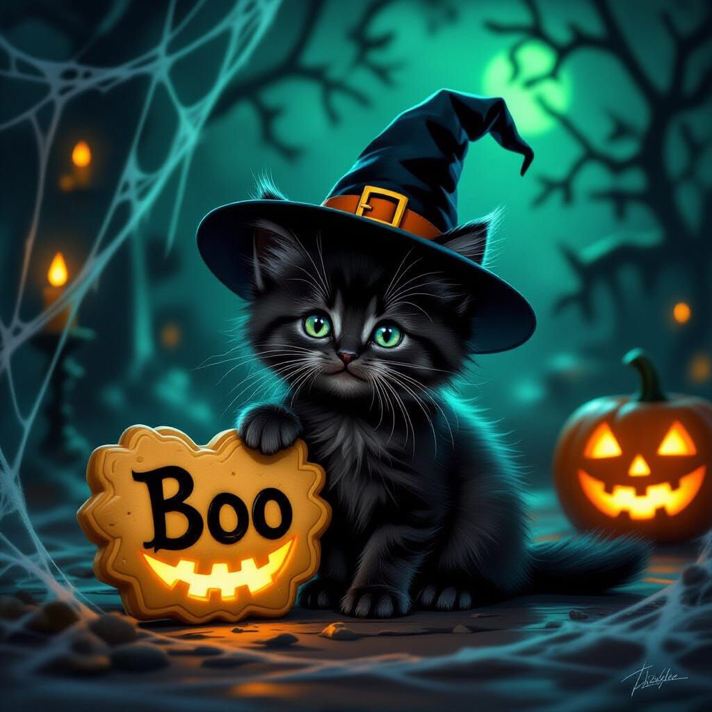 Fluffy Black Kitten in Witch Hat with Halloween Biscuit