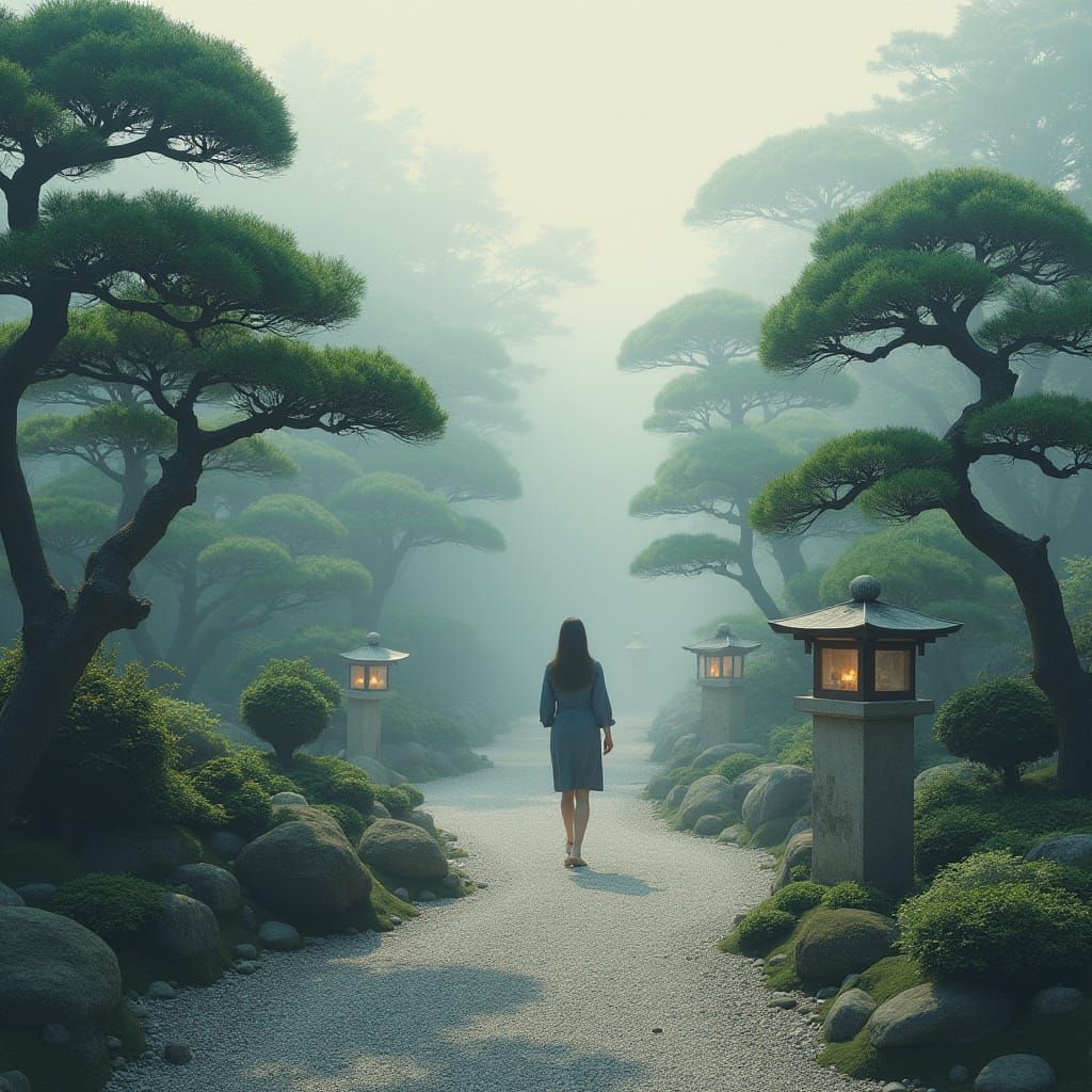 Serene Japanese Garden with Mist and Lanterns