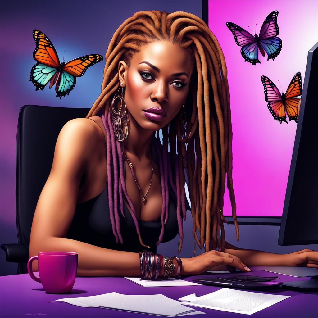 Caramel Beauty with Dreads at Glass Desk