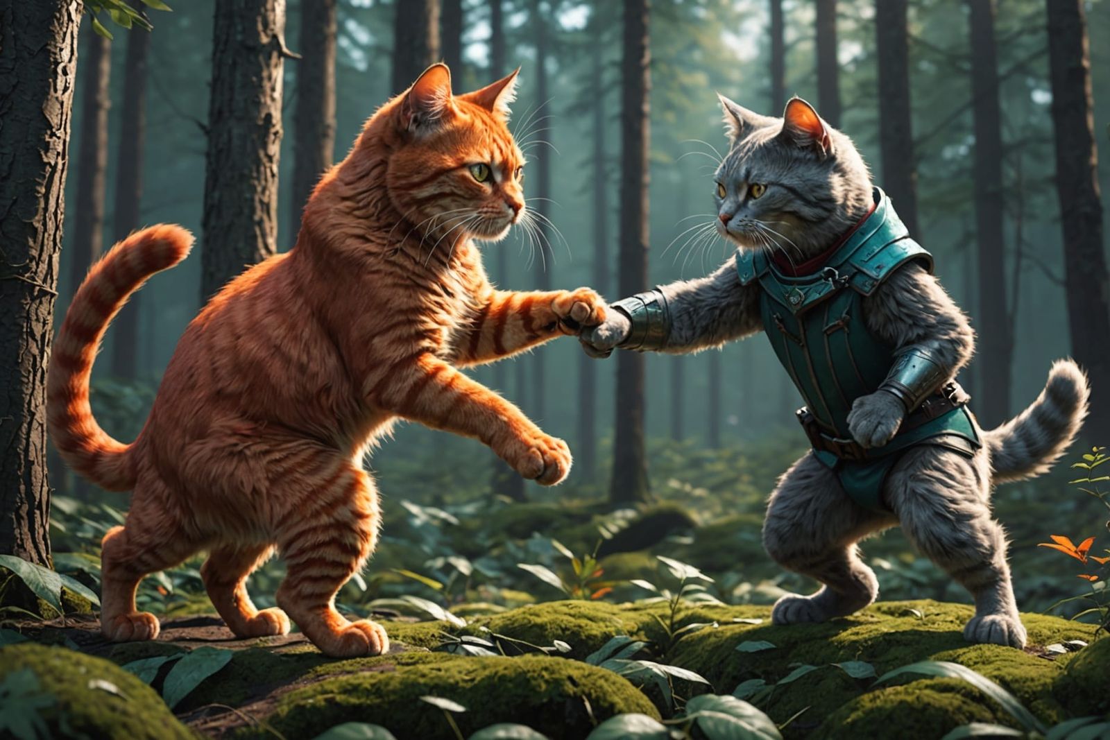 Red Cat vs Gray Cat Forest Fight Concept Art