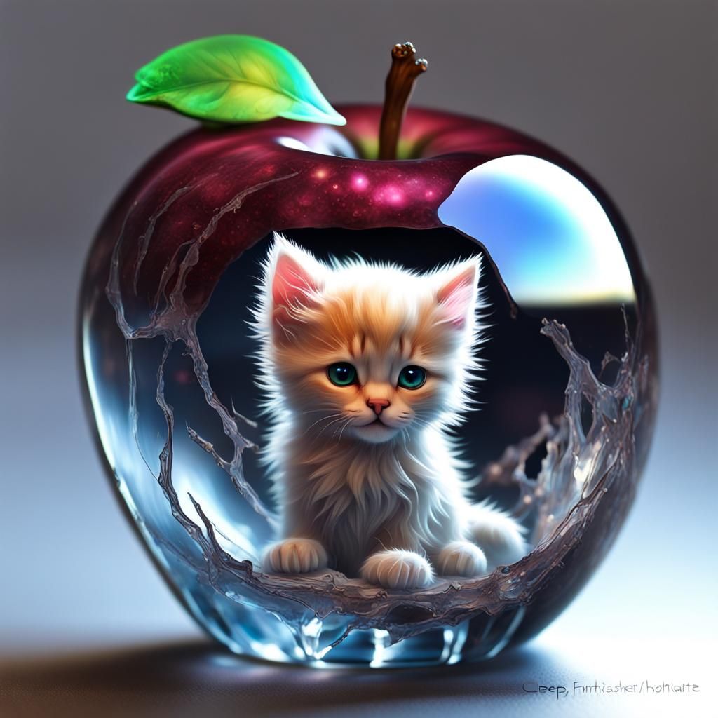 Kitten in Crystal Apple with Galaxy Reflection