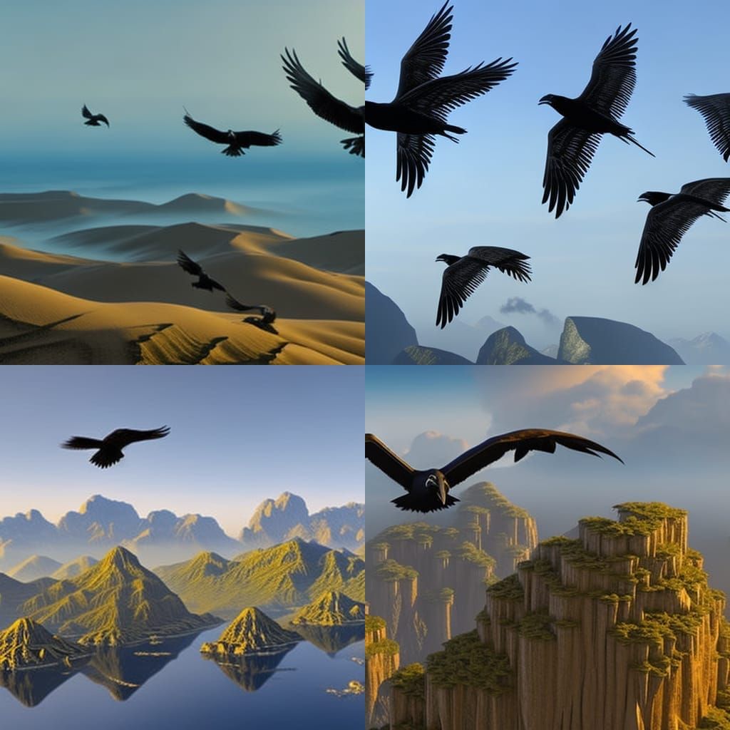 Ravens Flying Over the Horizon in Art Deco Style
