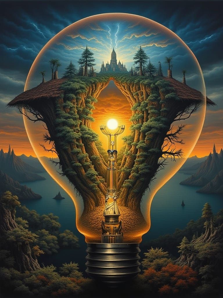 Man Holds Lightbulb World With Garden Sunset & Lightning