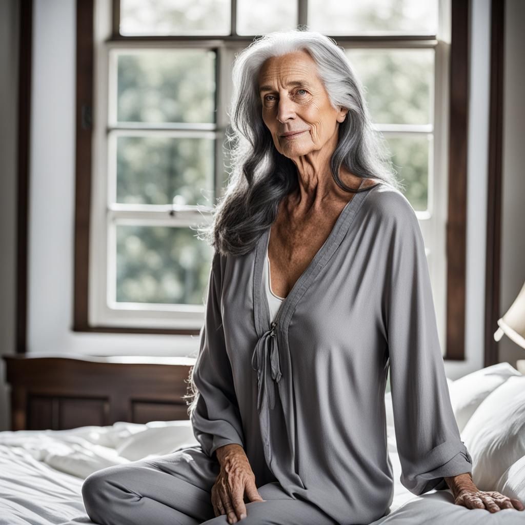 long grey hair mature woman, saggy, barechest, barebody, (greatcleavage:1.2), in bedroom with window light, full body, h...