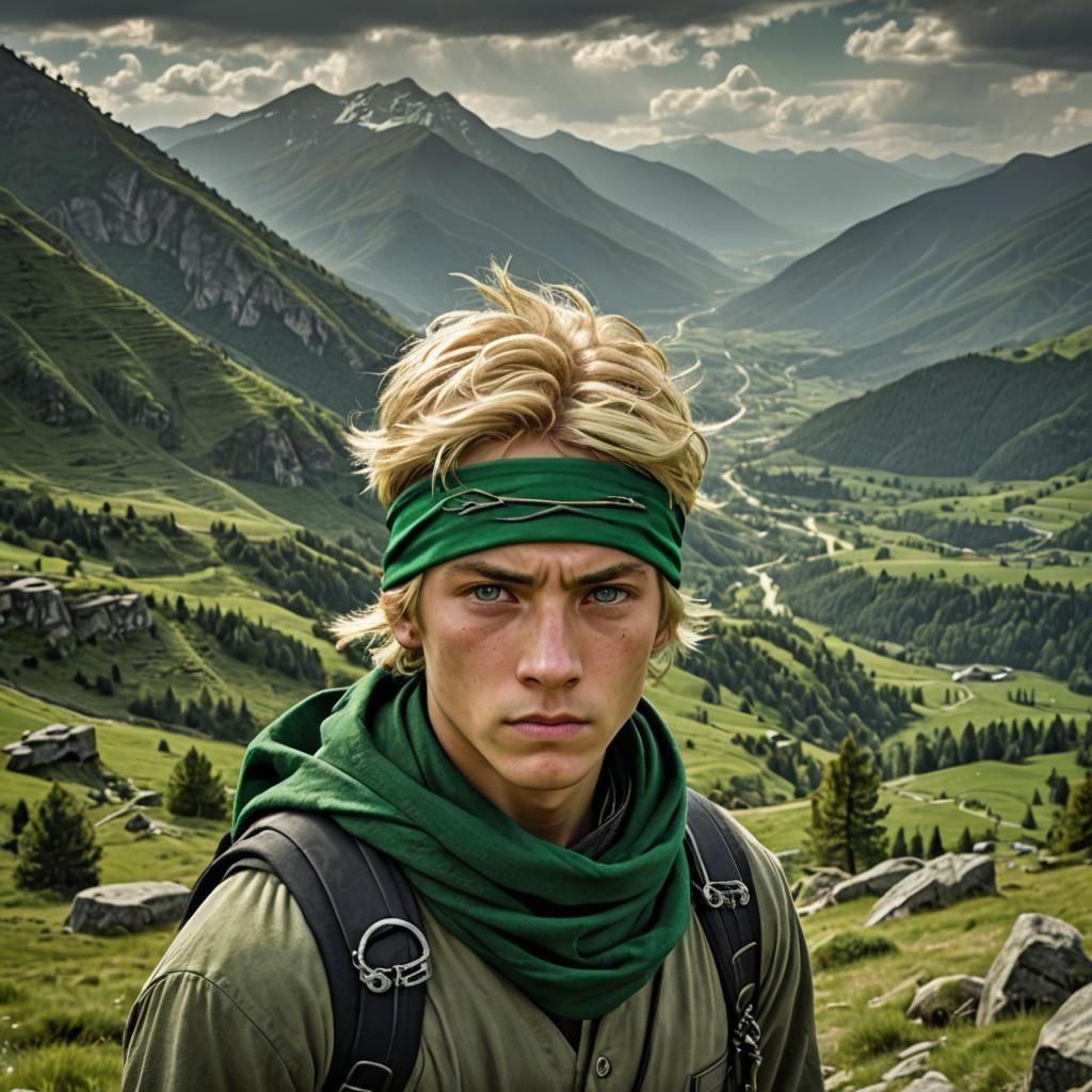 Hyperrealistic Green Ninja on a Mountain
