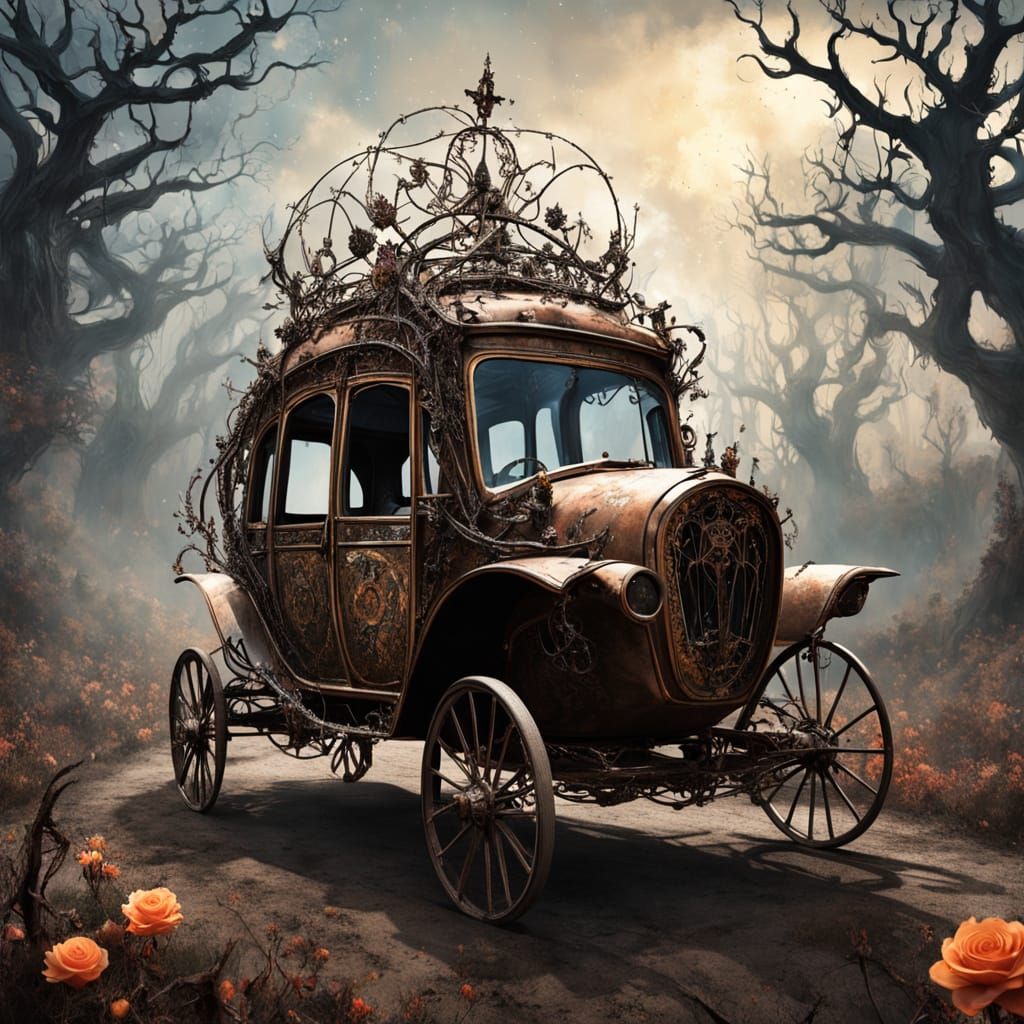 A dystopian, hauntingly majestic car, the signature mode of transportation for the Queen of the Enchanted Forest. Constr...