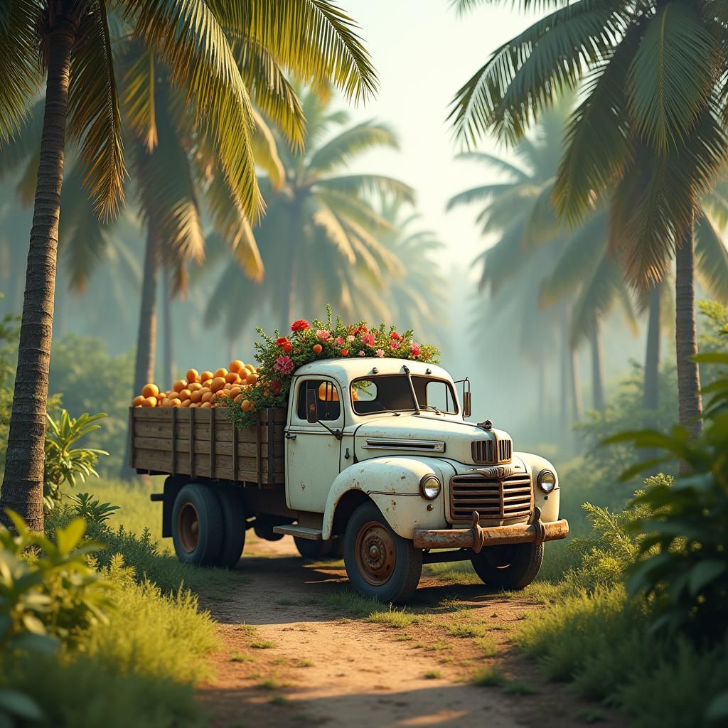 Vintage Lorry Harvests Palm Fruits in Lush Plantation