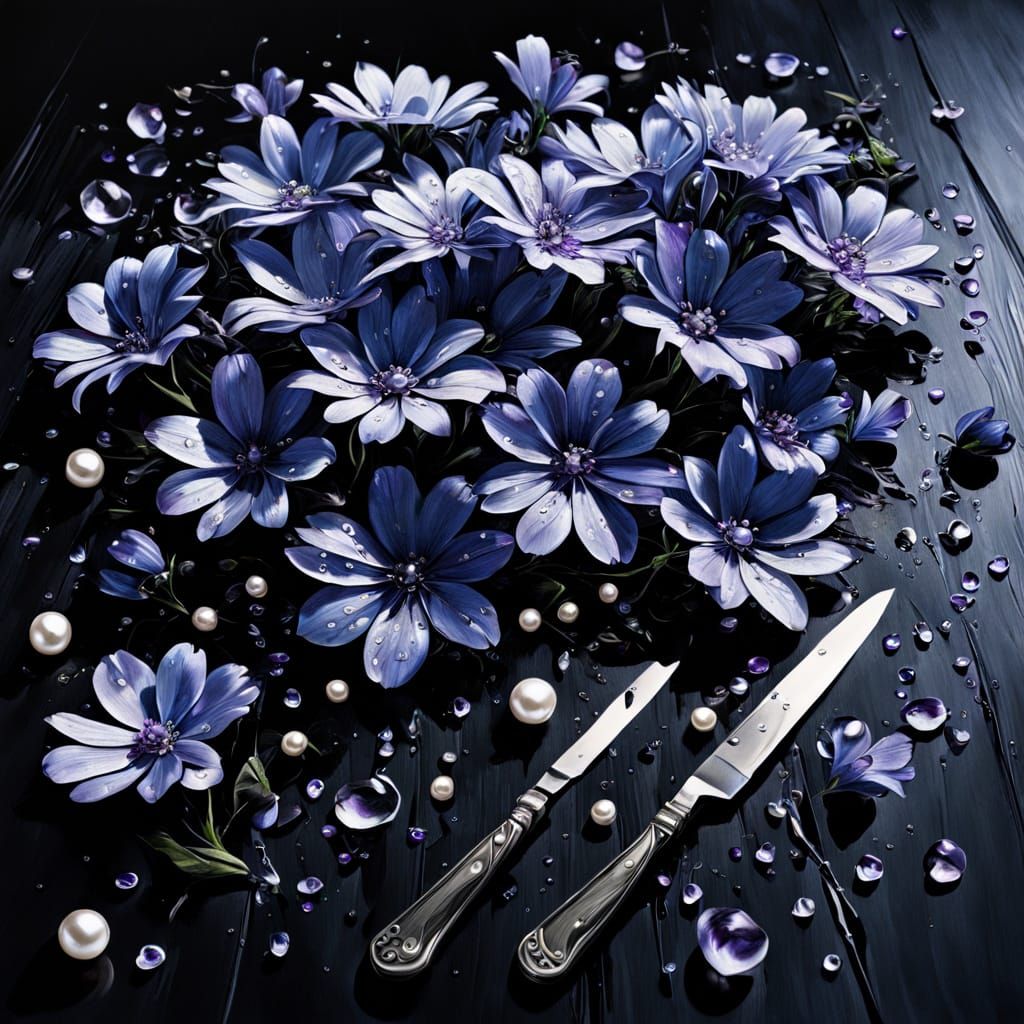 Surreal Still Life: Flowers, Pearls, and Knives in Oil Paint...