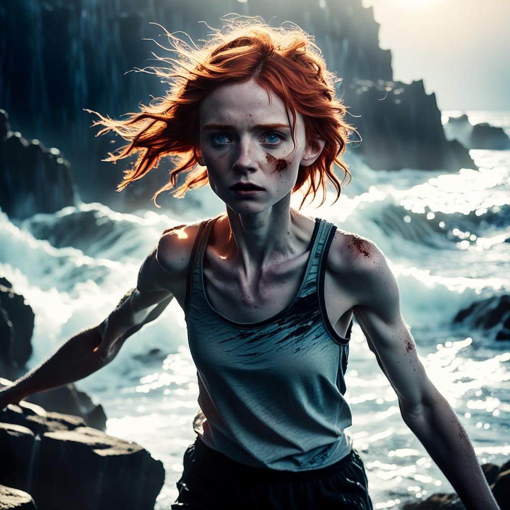 Moody Redhead on Jagged Rocks: Cinematic Film Still