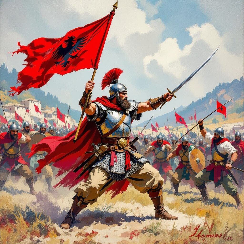 Albanian Warrior Gjergj Kastrioti Skanderbeg in Gouache Styl...