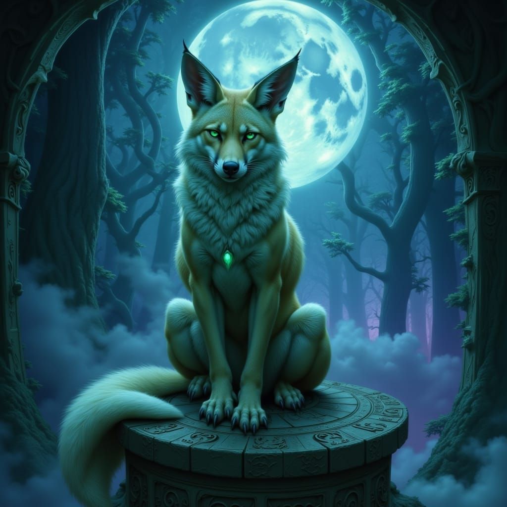 Mystical Fox in Moonlit Forest Clearing Digital Painting