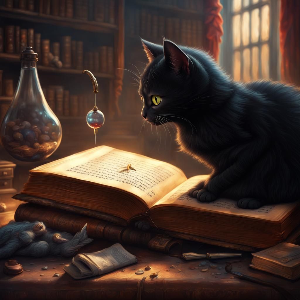 Black Kitten Reads Book in Fantasy Lab