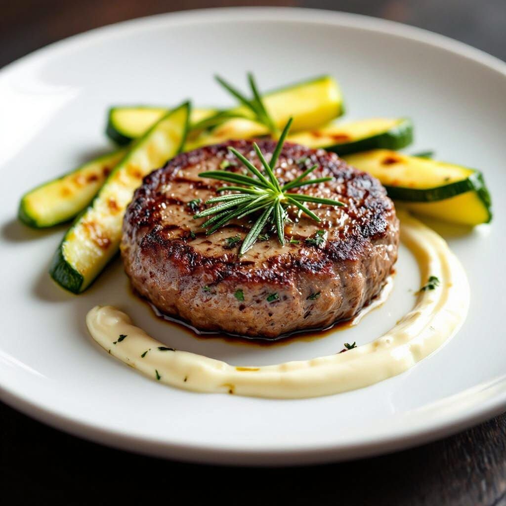 Gourmet Steak and Zucchini with Rosemary in Fine Dining Styl...