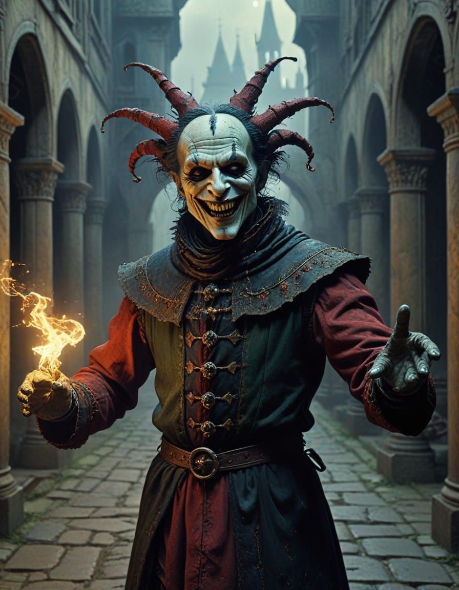 Vibrant Jester in Medieval Courtyard, Juggling Severed Head
