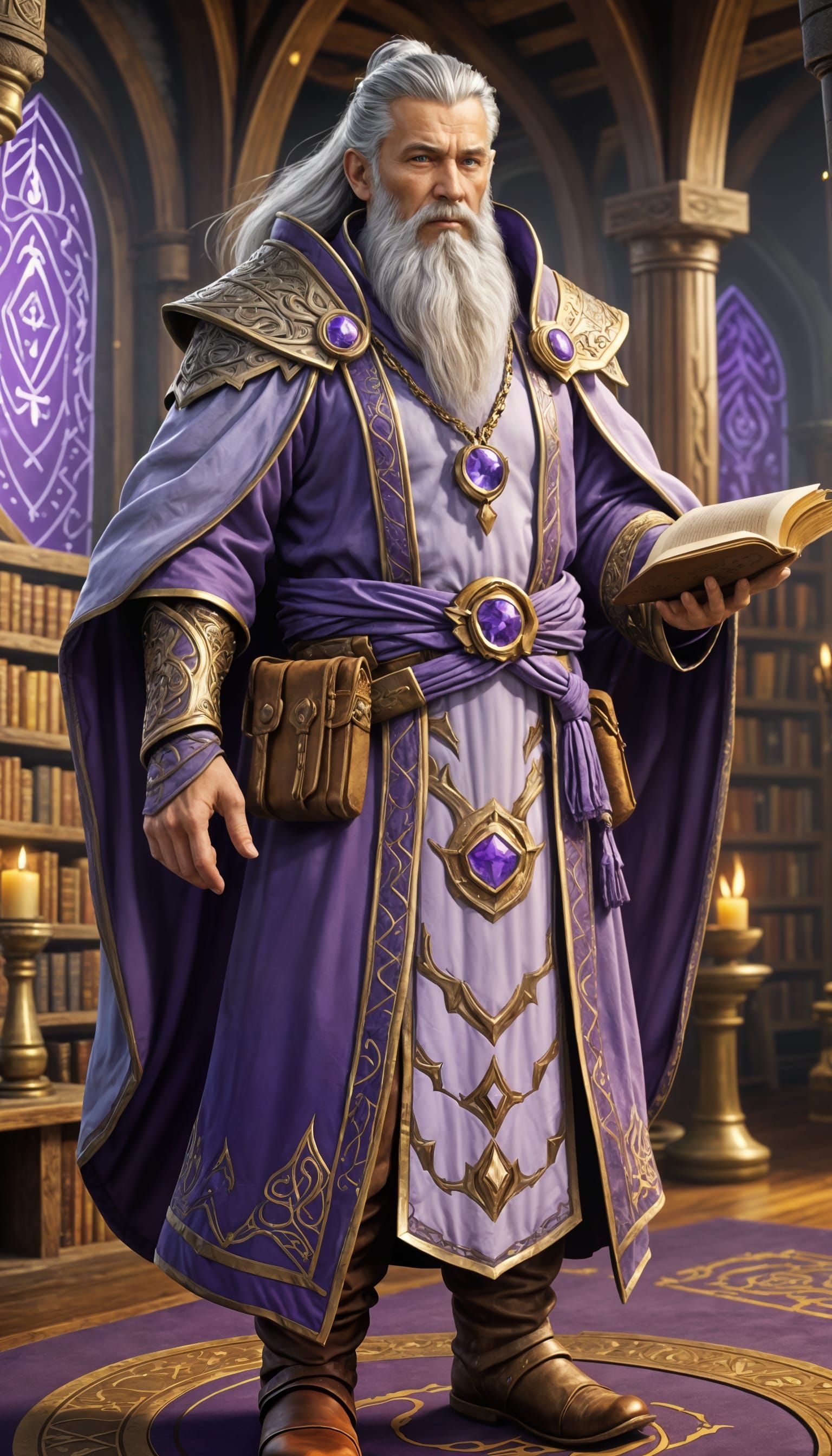 Elder Mage in Regal Attire amidst Ancient Tomes