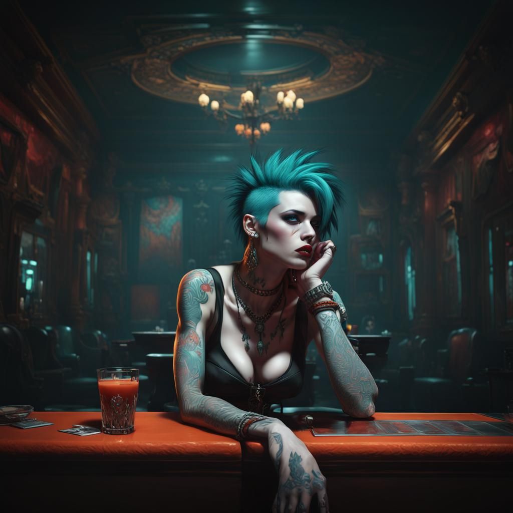 Punk Vampire in Nightclub: Detailed Chiaroscuro Concept Art