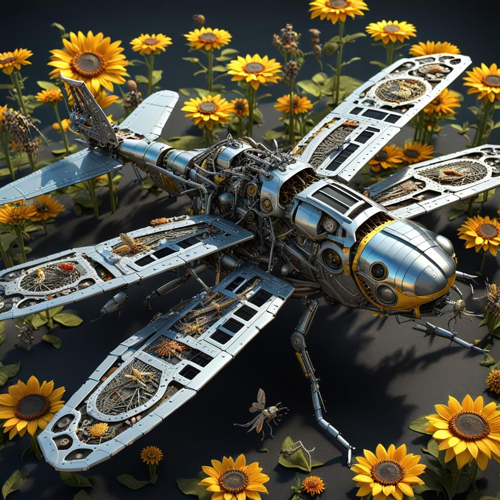 Microscopic Biomechanical Dragonfly on Bone Sunflower