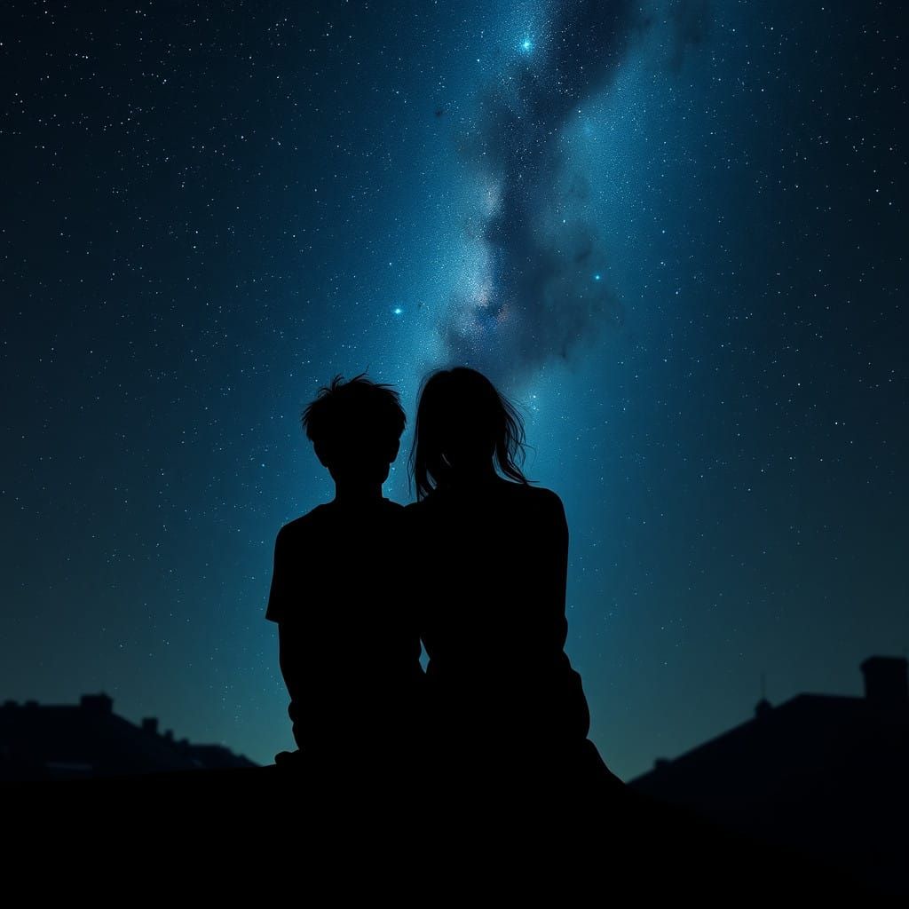 Youthful Lovers Breathe in Cosmic Peace on Rooftop Under Sta...