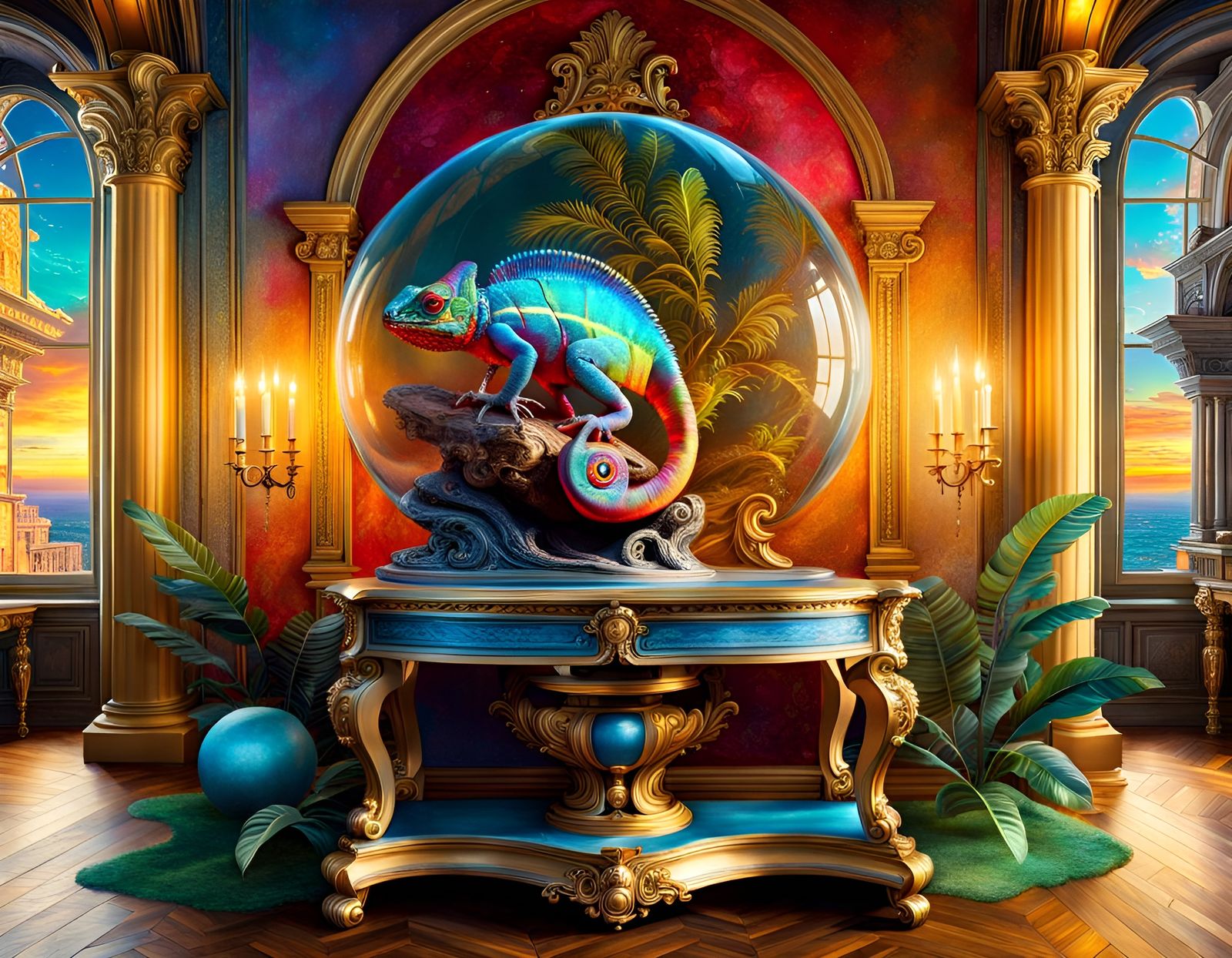 Baroque Interior: Incredible Big Terrarium with Cute Chameleon, Plants, and Lichens