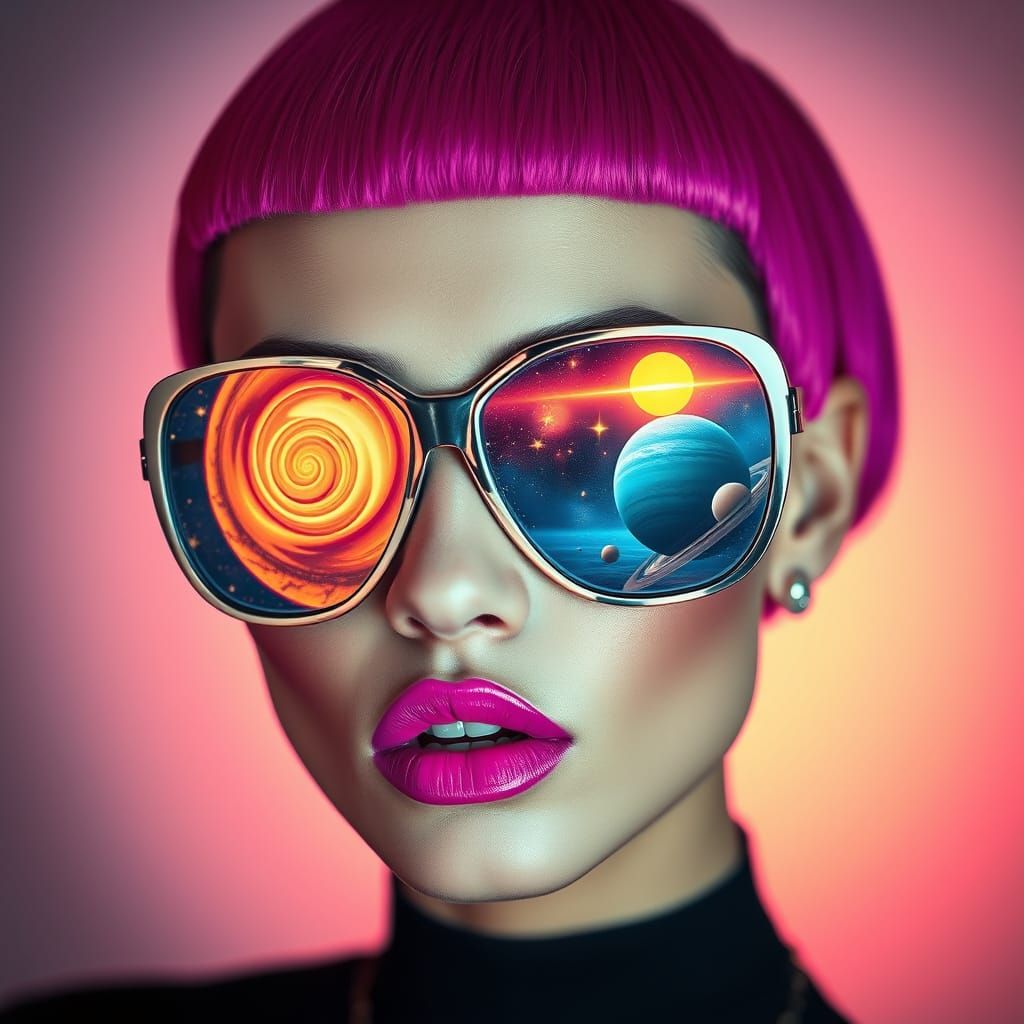 Cosmic Goddess in Vibrant Pink Hair and Avant-Garde Sunglass...