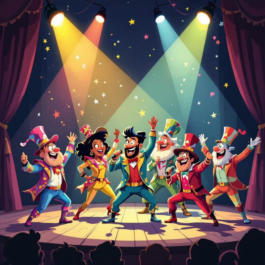 Humorous Cartoon Characters Performing on Stage