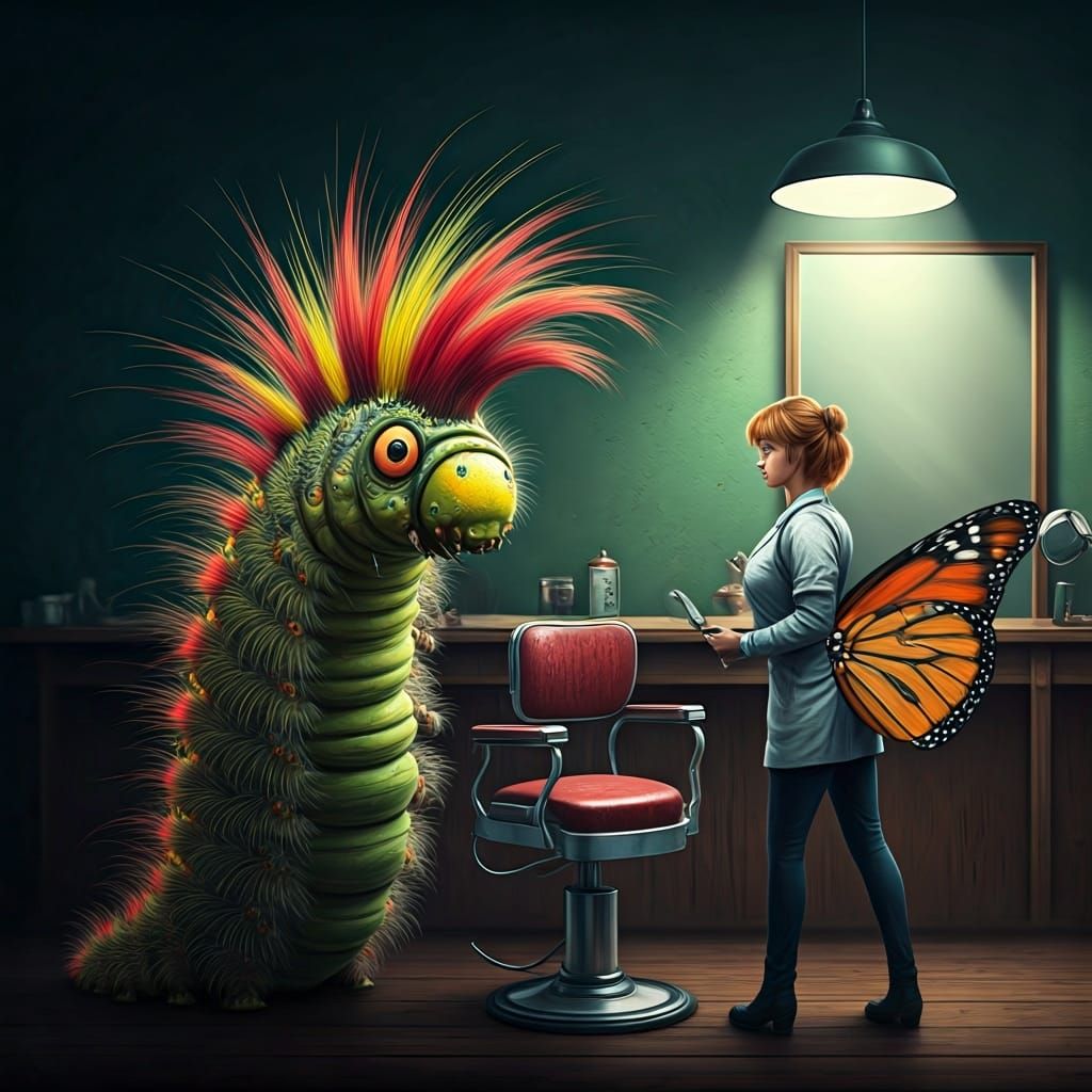 Surreal Caterpillar Visit to Butterfly Barbershop