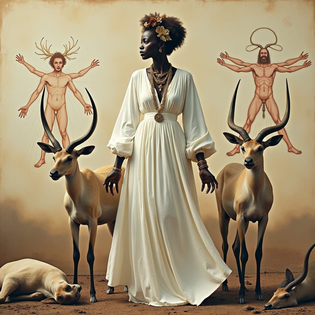 Surreal African Woman with Vitruvian Man Drawing