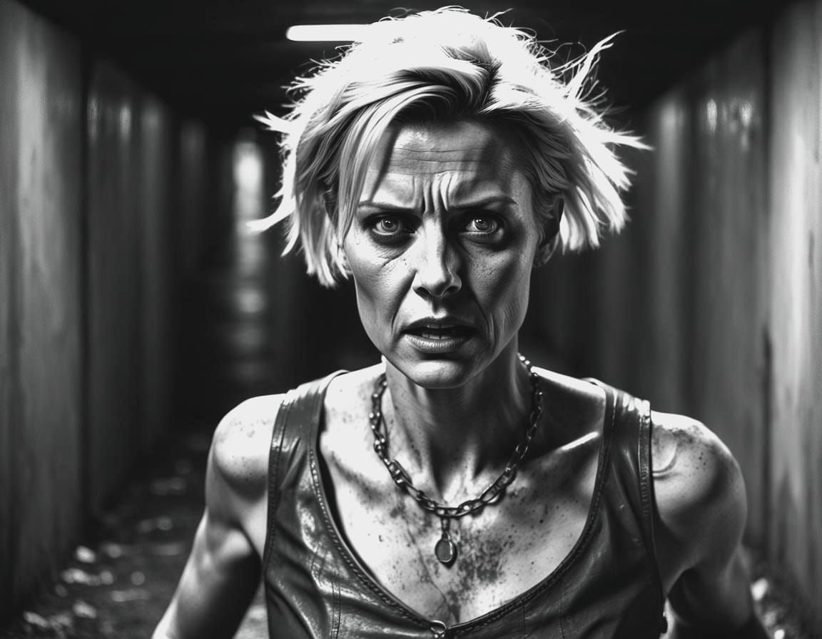 Terrified Woman Escaping Tunnel in Hyperrealistic Style
