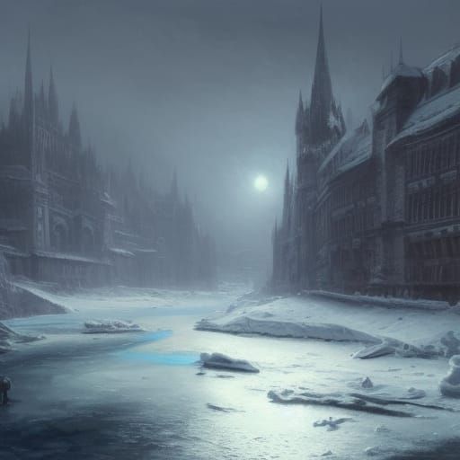 Frozen River City at War: Dark Fantasy Art