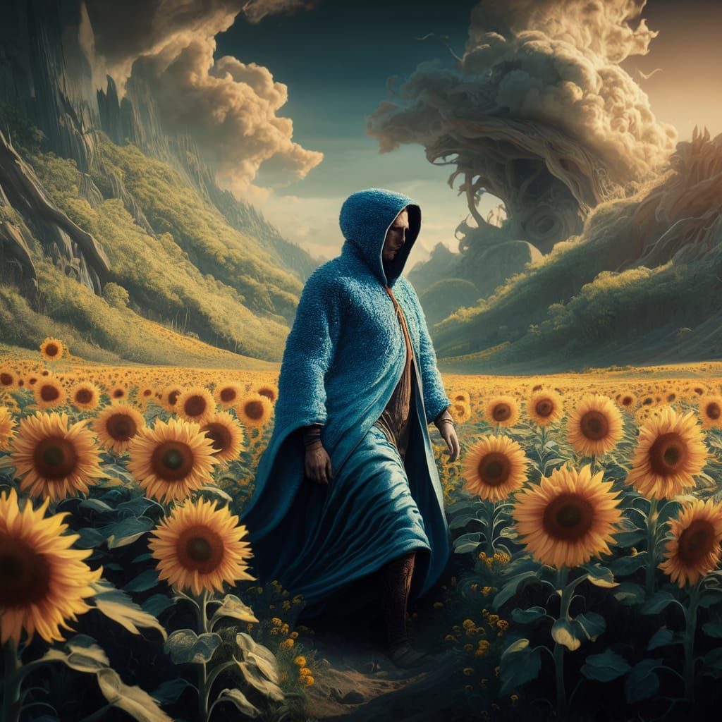 Hermit in Blue Cloak Walking Through Sunflower Field