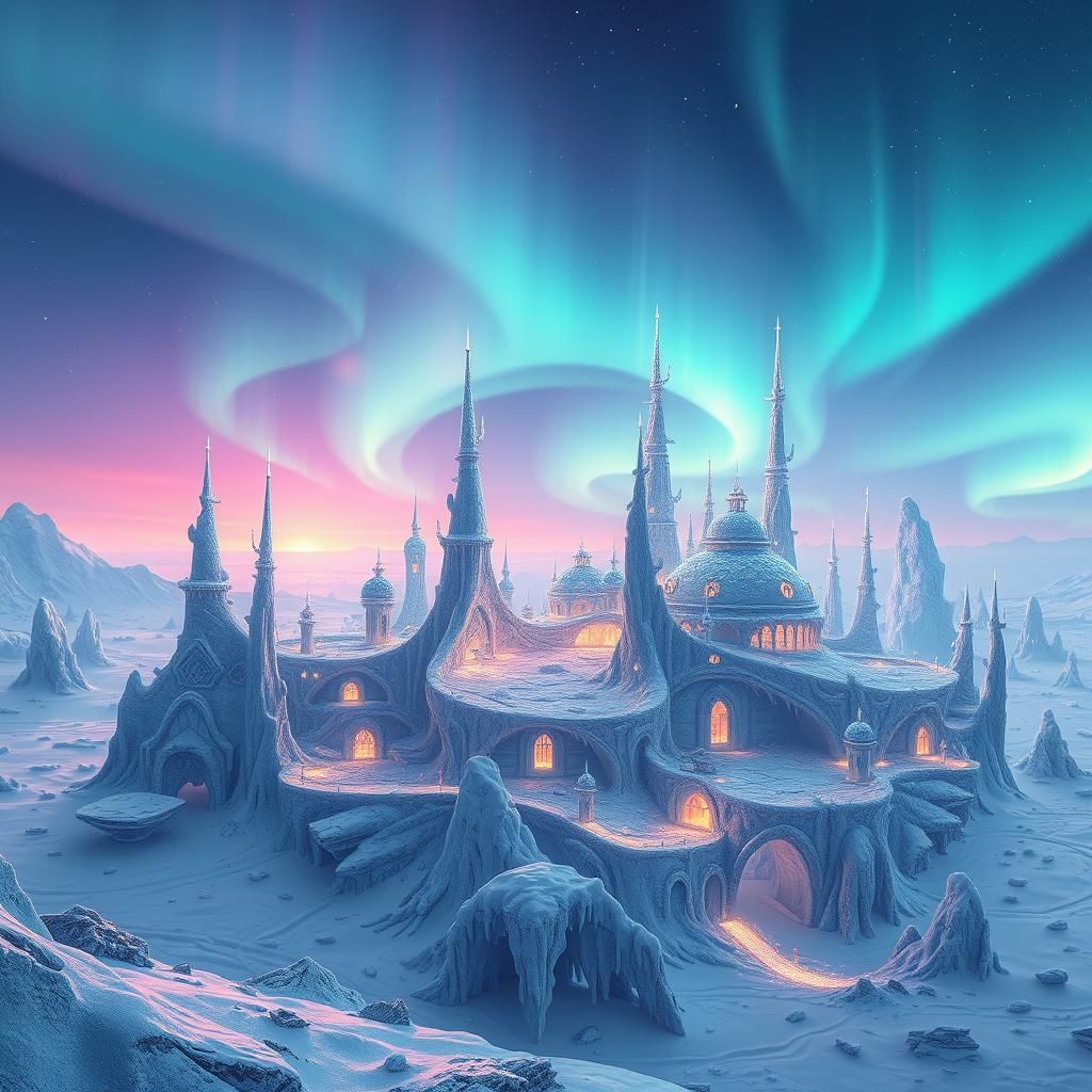 Crystalline Alien City in Eternal Winter, Digital Illustrati...