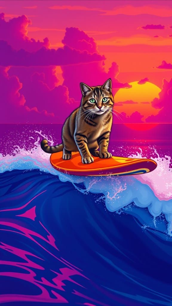 Surreal Feline Surfer on Gradient Wave