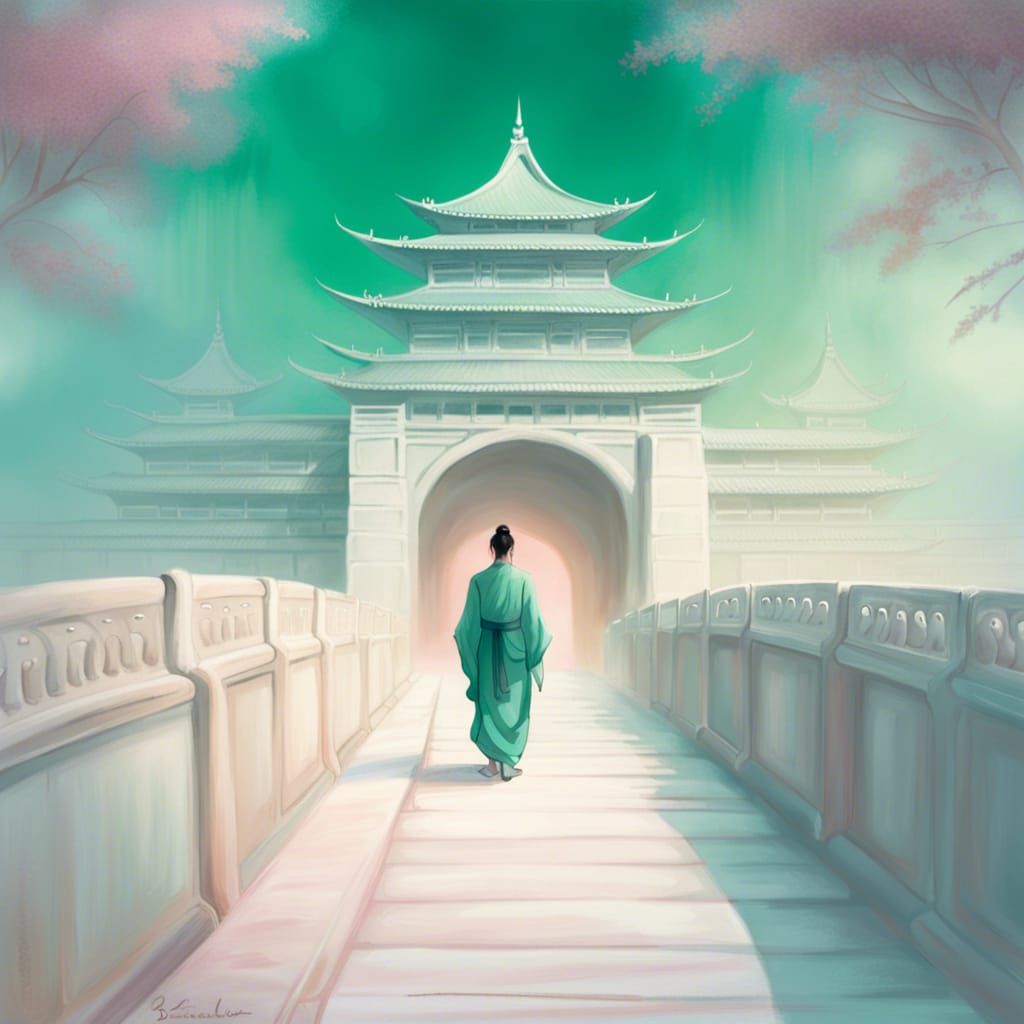 Fantasy Asian Palace Illustration in Pastel Colors