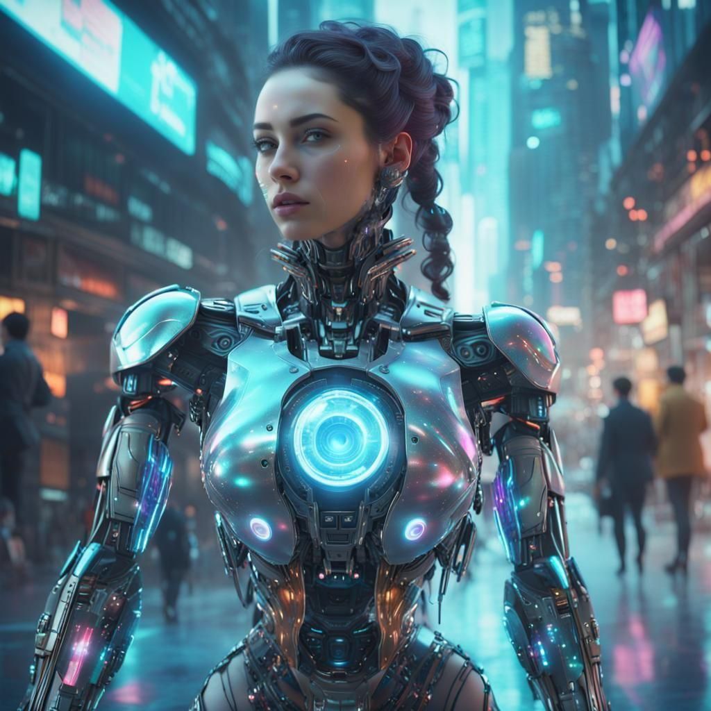 Cyborg Woman with Transparent Parts in Cyberpunk Style