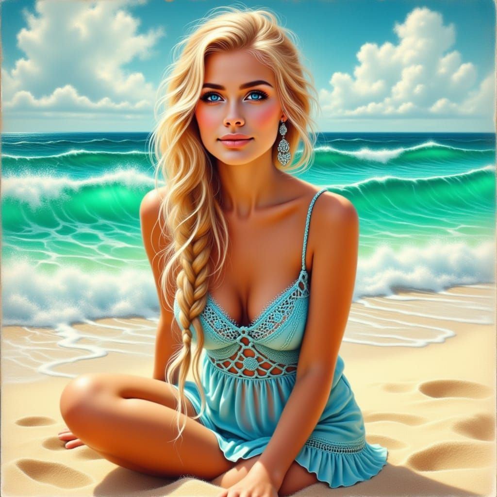 Blonde Woman on Beach in Art Nouveau Style