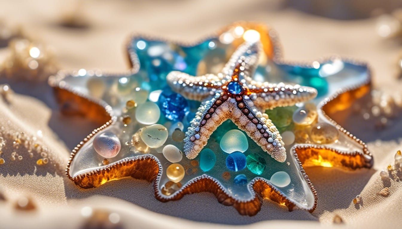 Gemstones in Crystal Starfish on Sandy Beach