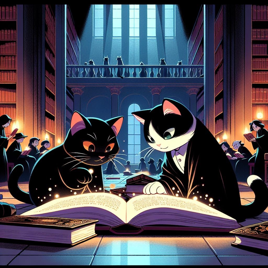 Cats Reading Magical Book in Japanese Illustration Style
