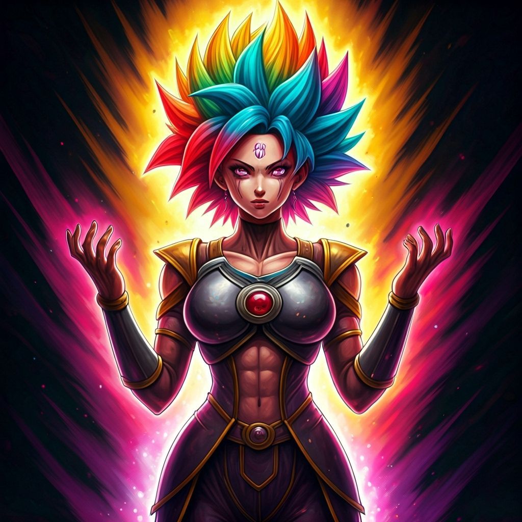 Epic Saiyan Goddess of Justice with Rainbow Aura