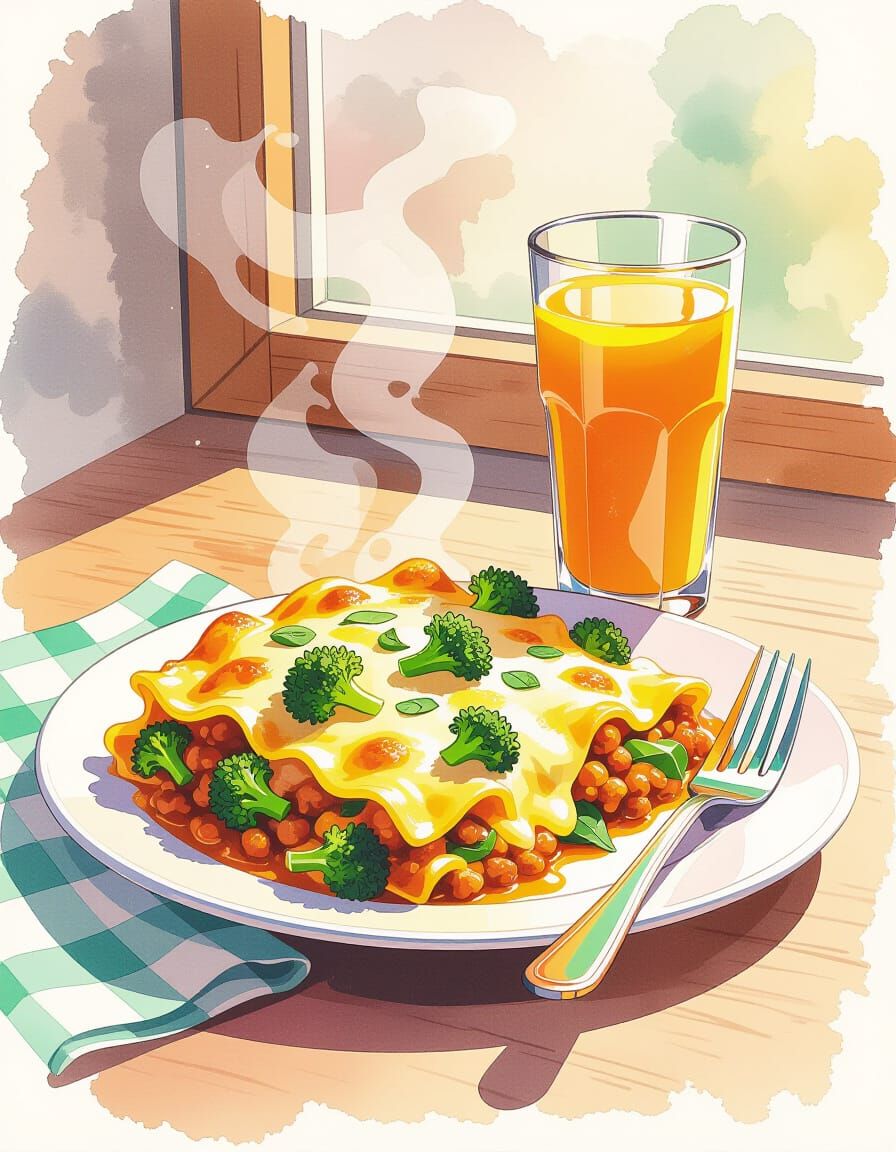Steaming Cheesy Lasagna with Orange Juice, Watercolor Splash...