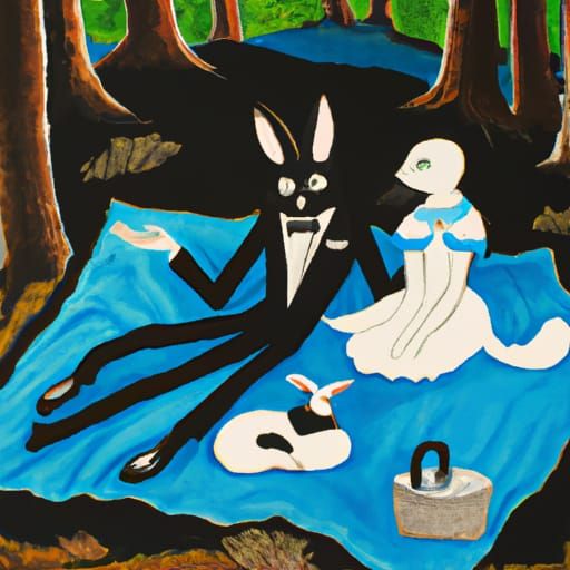 Anthropomorphic Cat and Bunny Picnic Painting