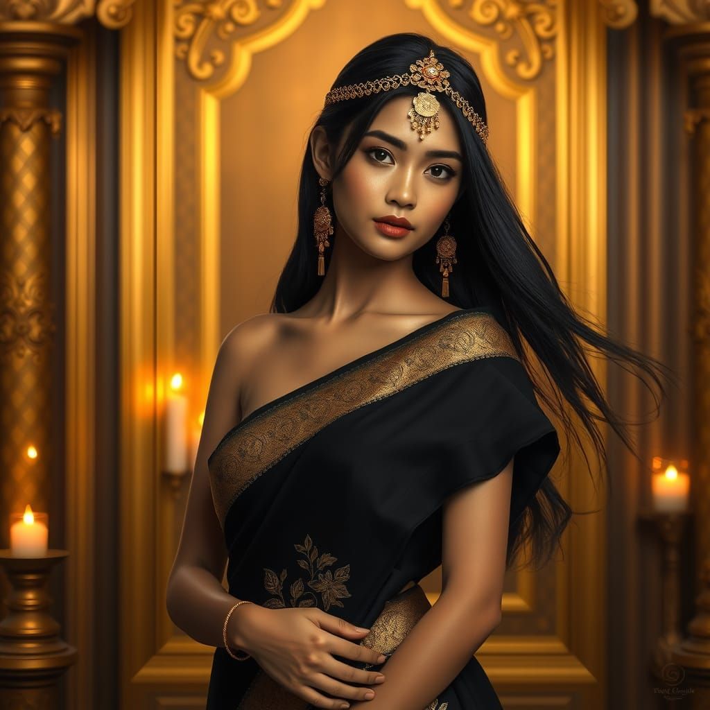 Thai Woman in Elegant Black and Gold Sari