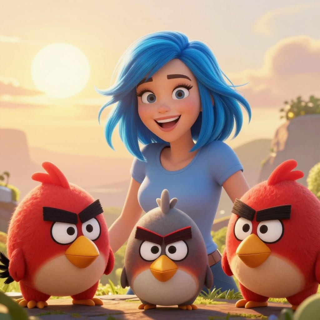 Woman Playing With Angry Birds at Sunrise