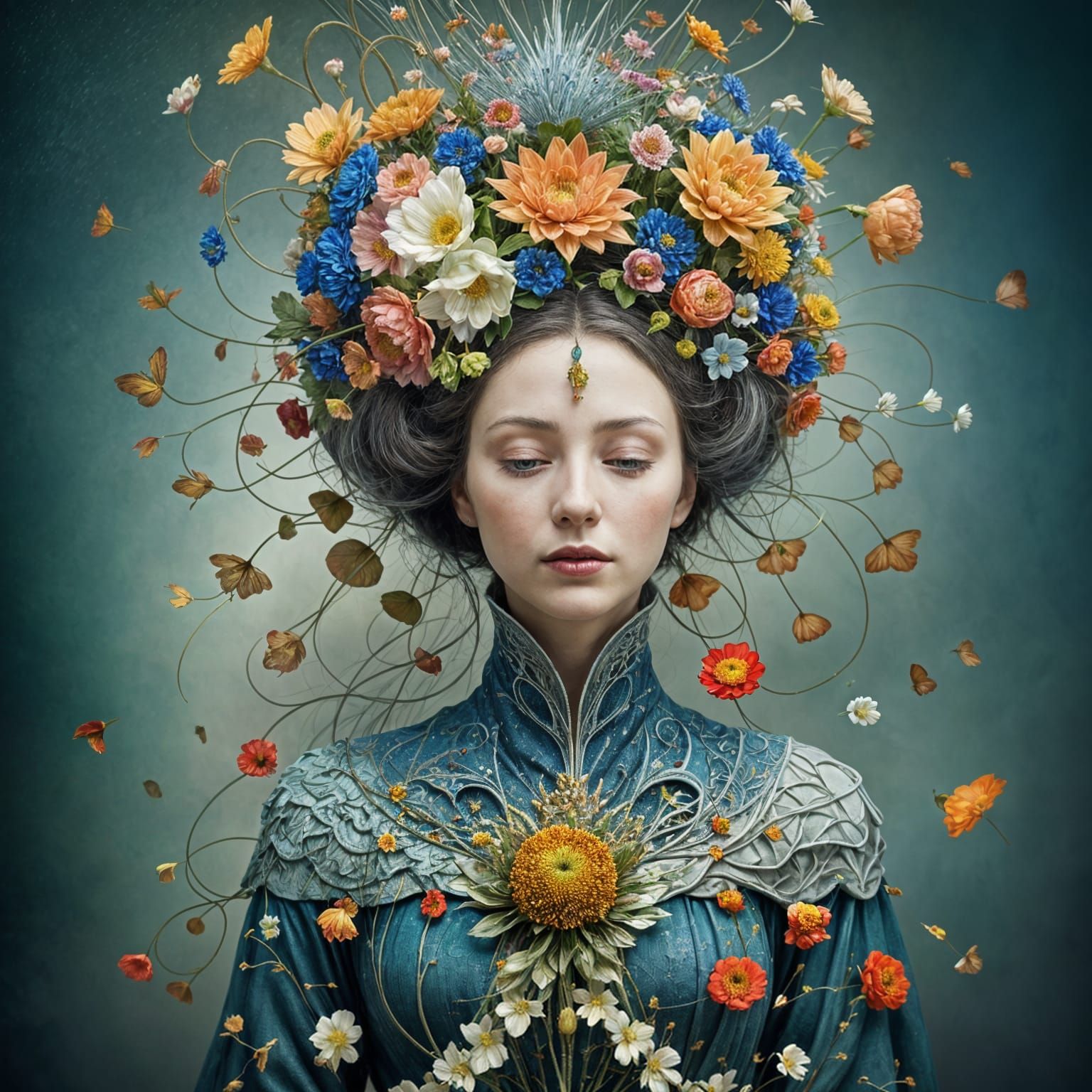 Ethereal Woman Covered in Flowers: Surrealist Portrait