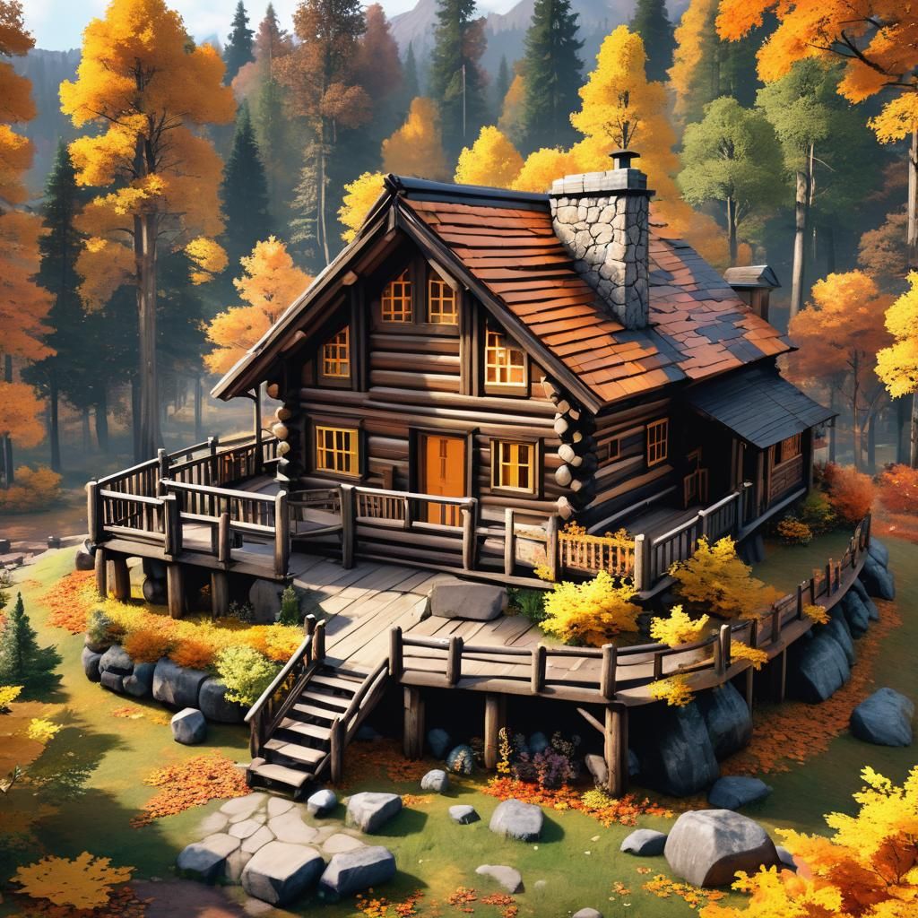 Autumn Log Cabin in Anime Art Style