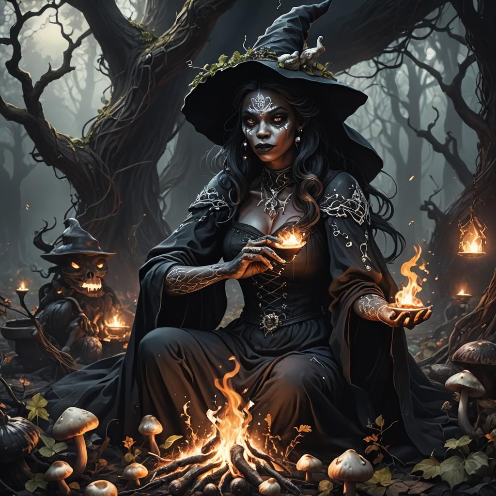Eerie Black Witch Stirring Potion: Dark Fantasy Art