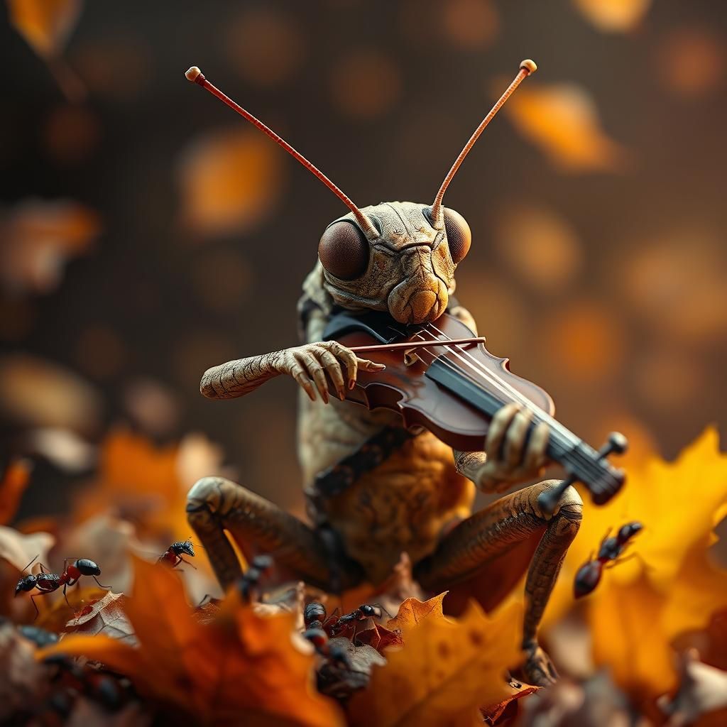 Vagabond Grasshopper Plays Fiddle in Autumn Landscape