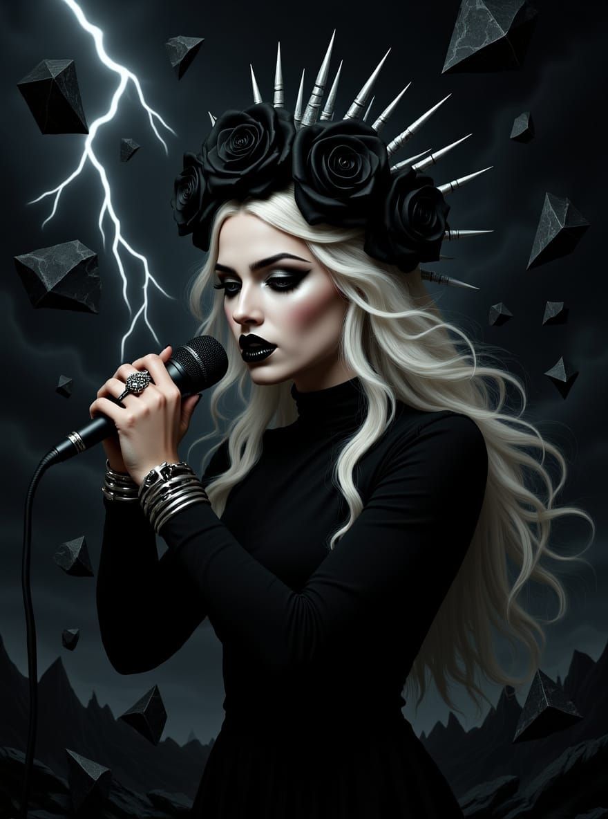 Gothic Singer in Dramatic Black and White with Lightning