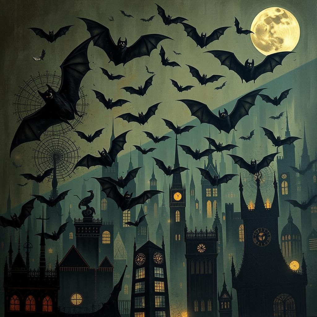 Art Deco Bats in Melting Cityscape