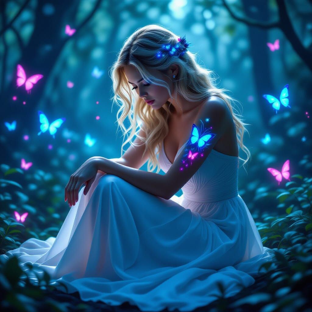 Bioluminescent Forest Tattoo on Woman's Thigh