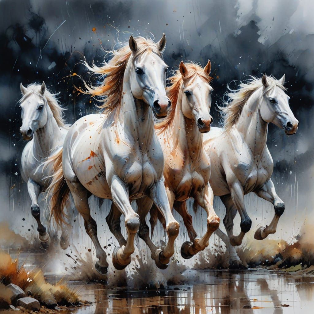 Majestic Horses Galloping in Rainy Midnight Valley Watercolo...